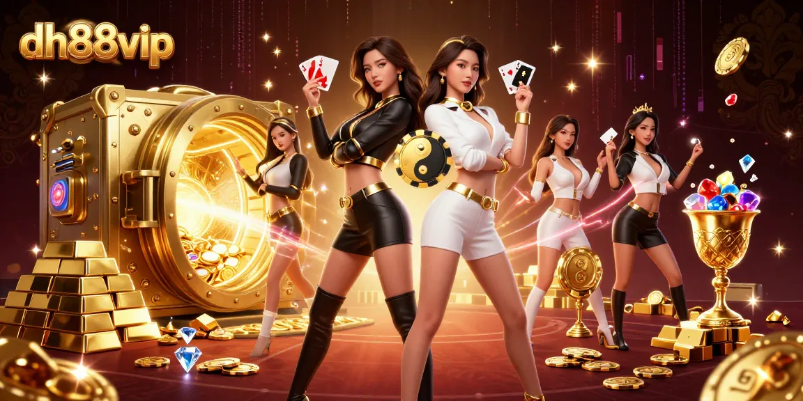 Experience excitement at dh88vip with twin Asian women showcasing winning poker hands in a vibrant casino scene.