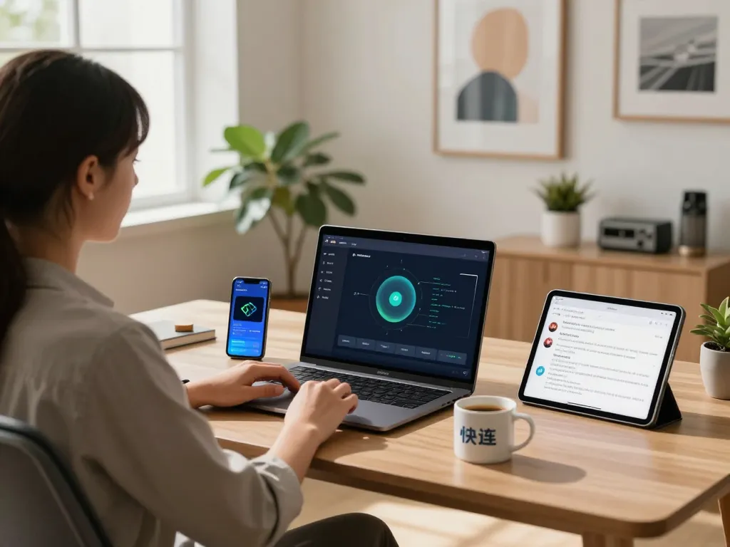 快连 enhancing user experience in modern home office, showcasing productivity tools and connectivity.