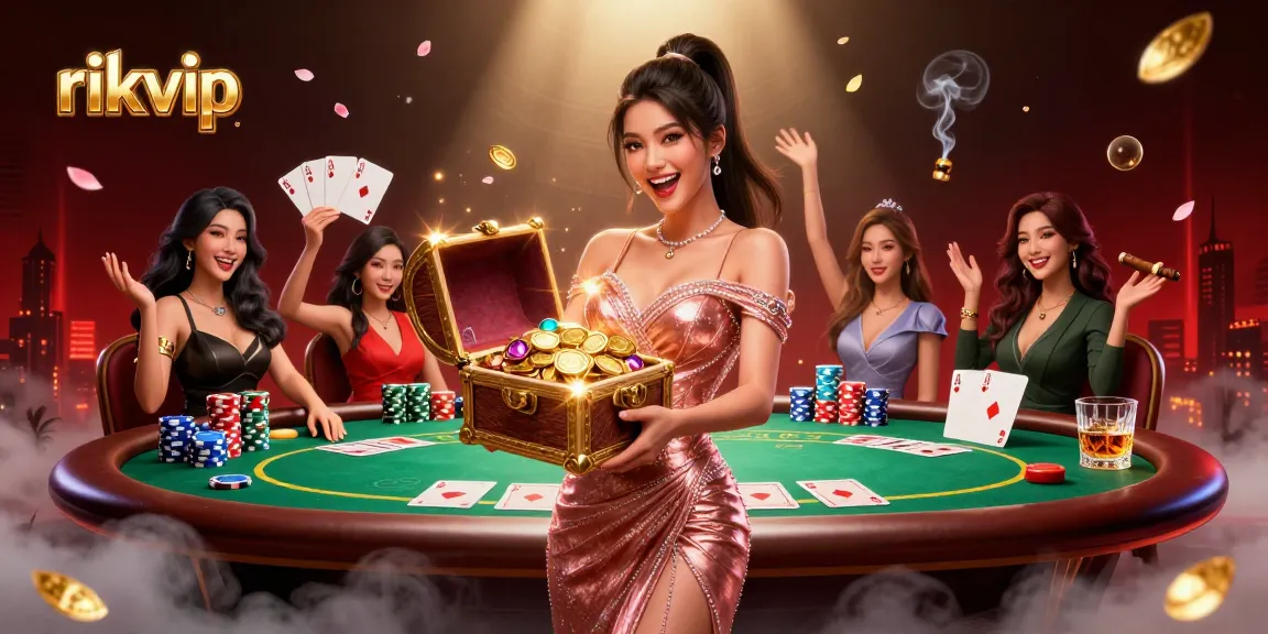 Experience the thrill of winning at rikvip with a dazzling casino scene featuring treasures and poker elements.