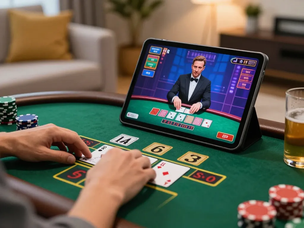 Player engaged in online blackjack strategy on a tablet featuring BL555 game interface, warm atmosphere.