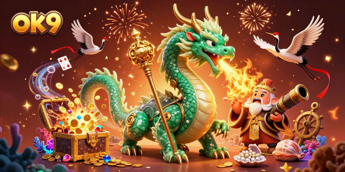 Engage with intense gameplay at ok9, featuring a jade dragon and a lucky turtle in a vibrant casino scene.