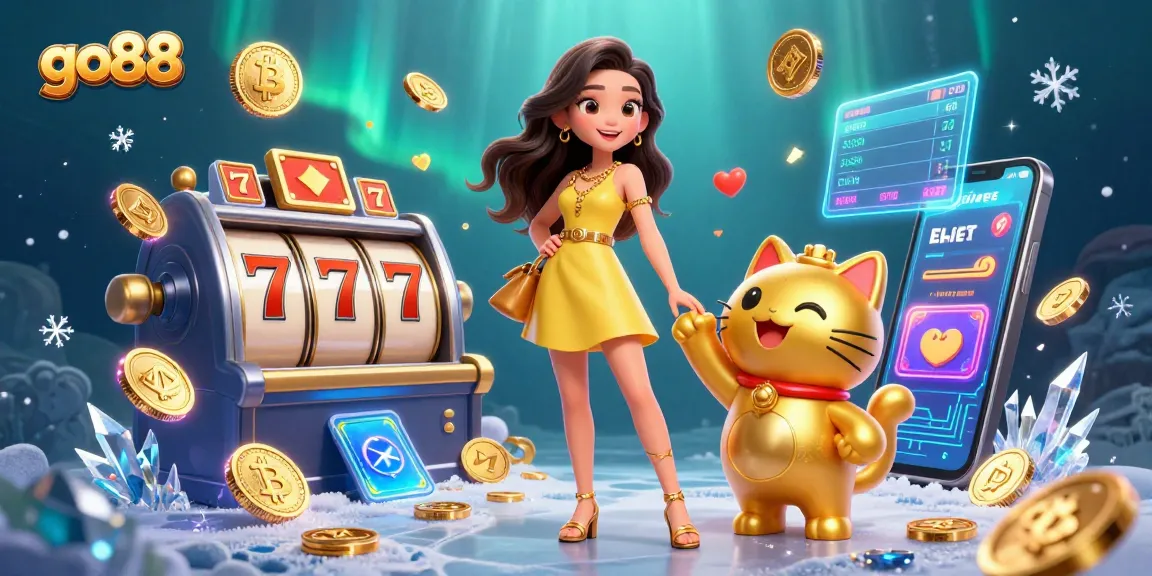 Play exciting games at go88, interacting with a golden lucky cat amidst vibrant casino elements.