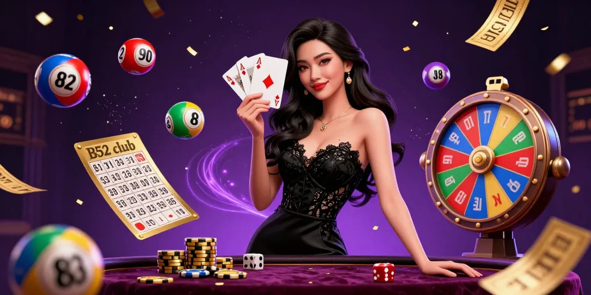 B52 club engages players with vibrant gambling elements and a stunning dealer illustration.