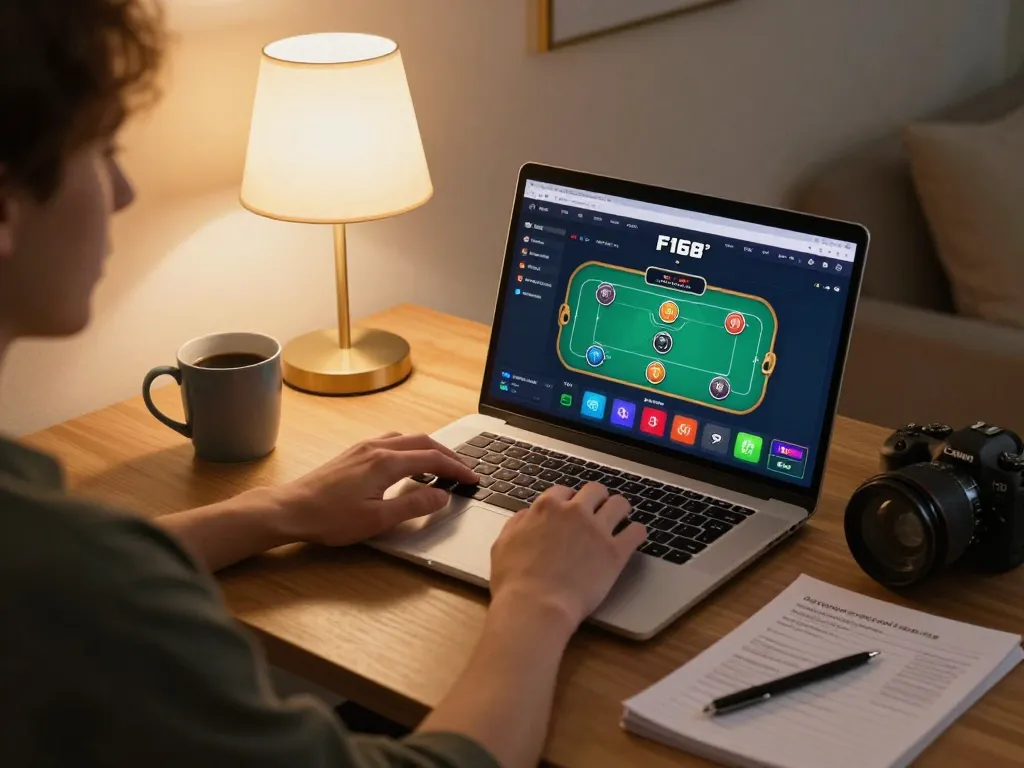 Engaging in poker gameplay on F168's online platform at home, showcasing strategy notes and a cozy setup.