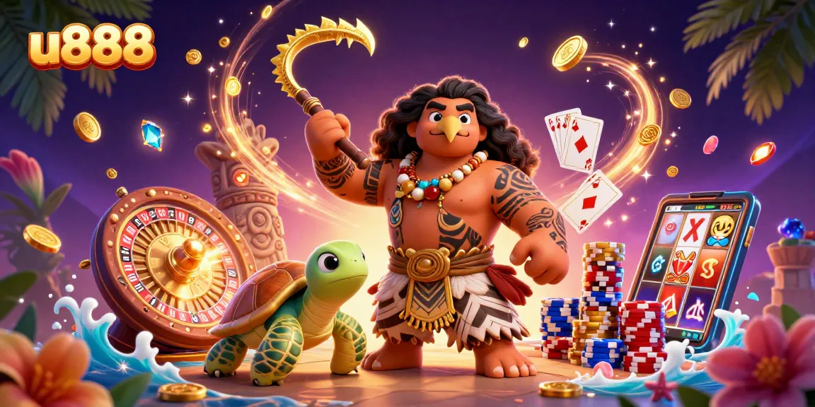 Experience thrilling gaming action at u888 with vibrant characters and casino elements in a 3D illustration.
