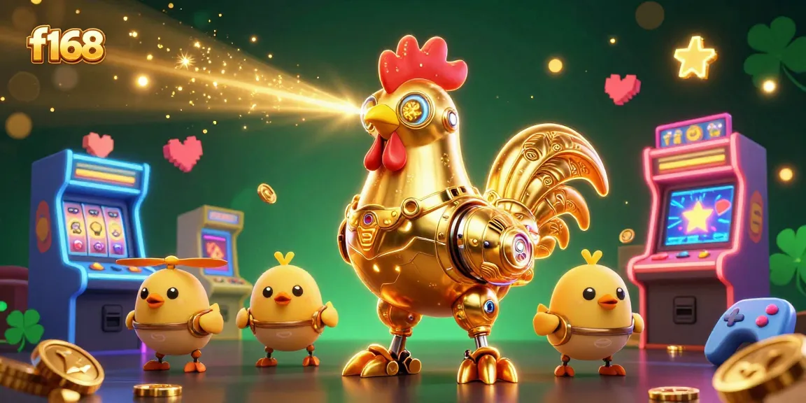 Engage in exciting games at f168 with a vibrant 3D cartoon casino scene featuring a golden rooster robot.