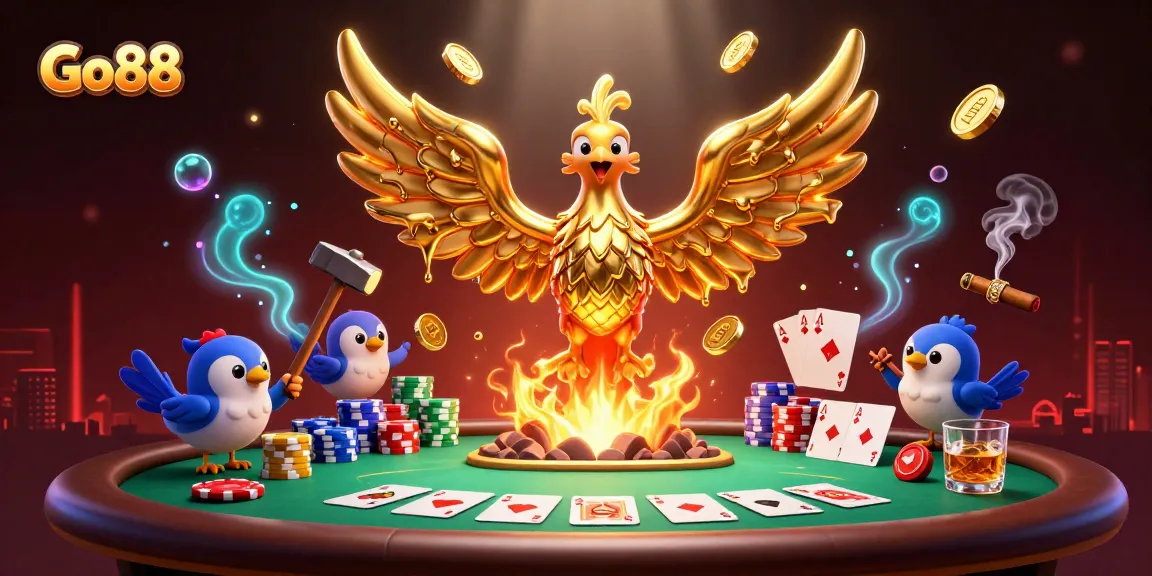 Experience the thrill of Go88 gaming with a phoenix-mastered poker scene bursting with energy.