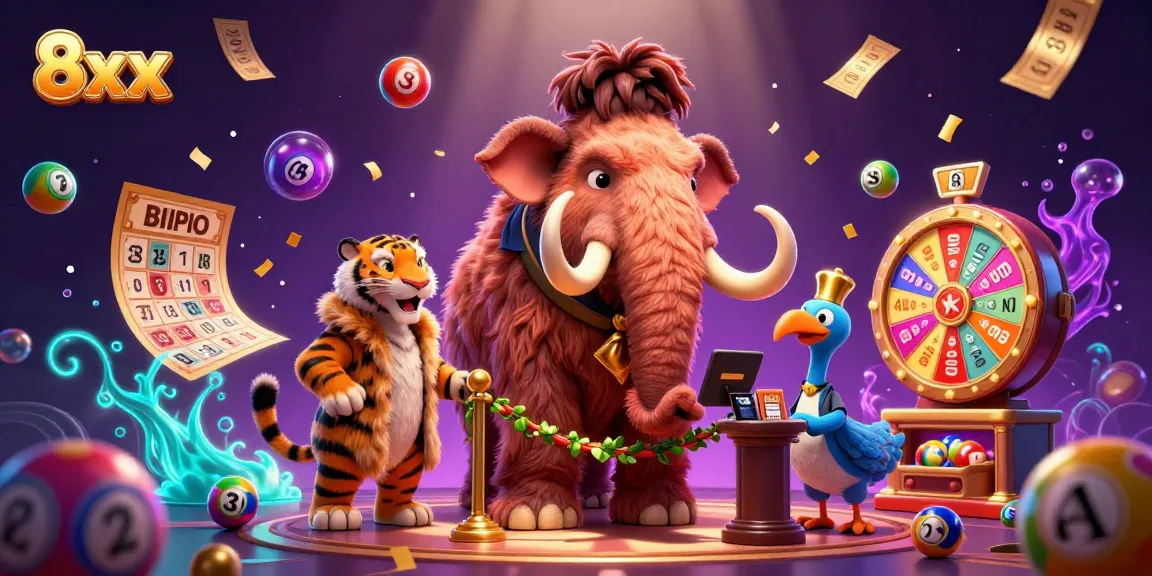 Play exciting lottery games with 8xx in a vibrant, dynamic casino atmosphere, featuring engaging characters.