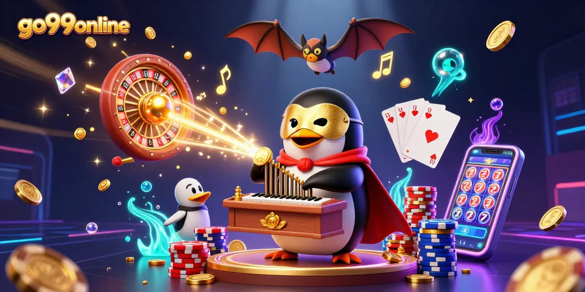 Experience the thrill of gaming with go99online's unique 3D casino scene featuring coins and cards.