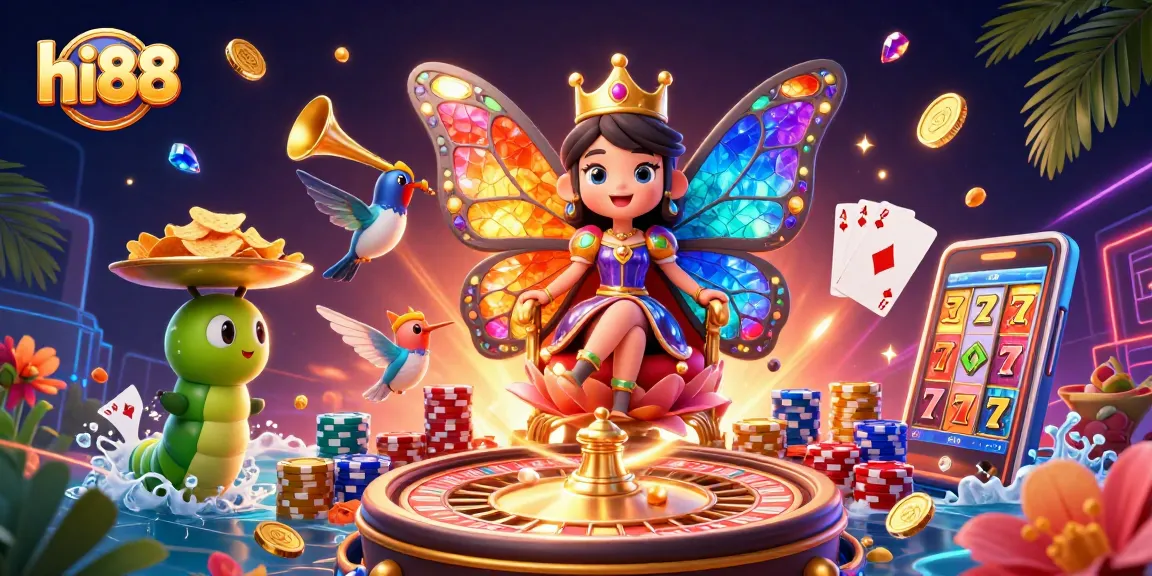Play thrilling games at hi88 with a vibrant scene of glittering casino elements and 3D characters.