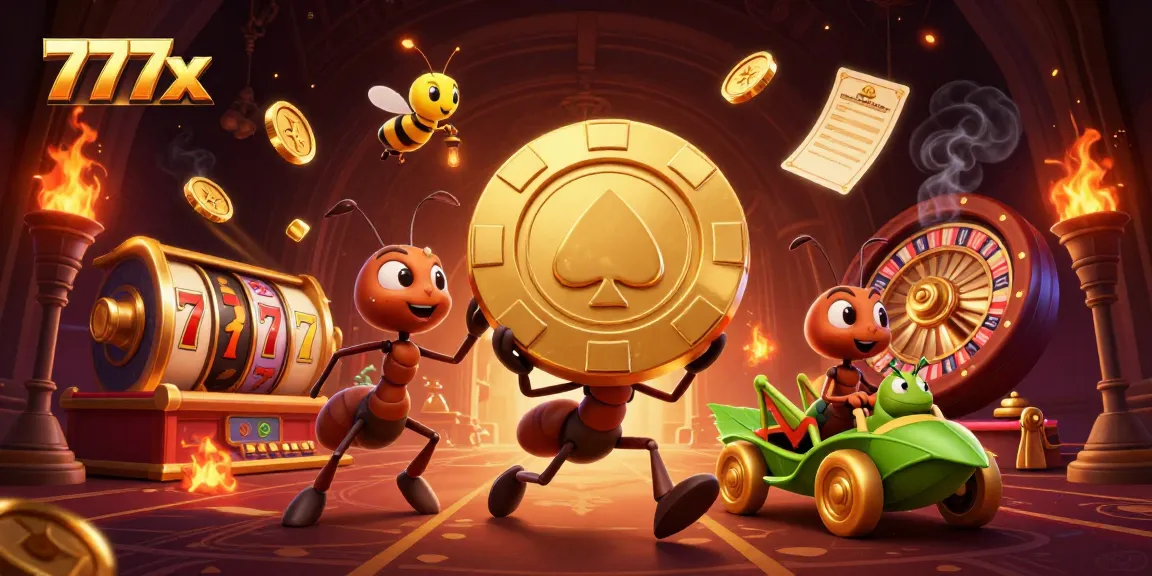 Engage with the dynamic 777x casino heist scene featuring ants, symbols, and rich gaming elements.