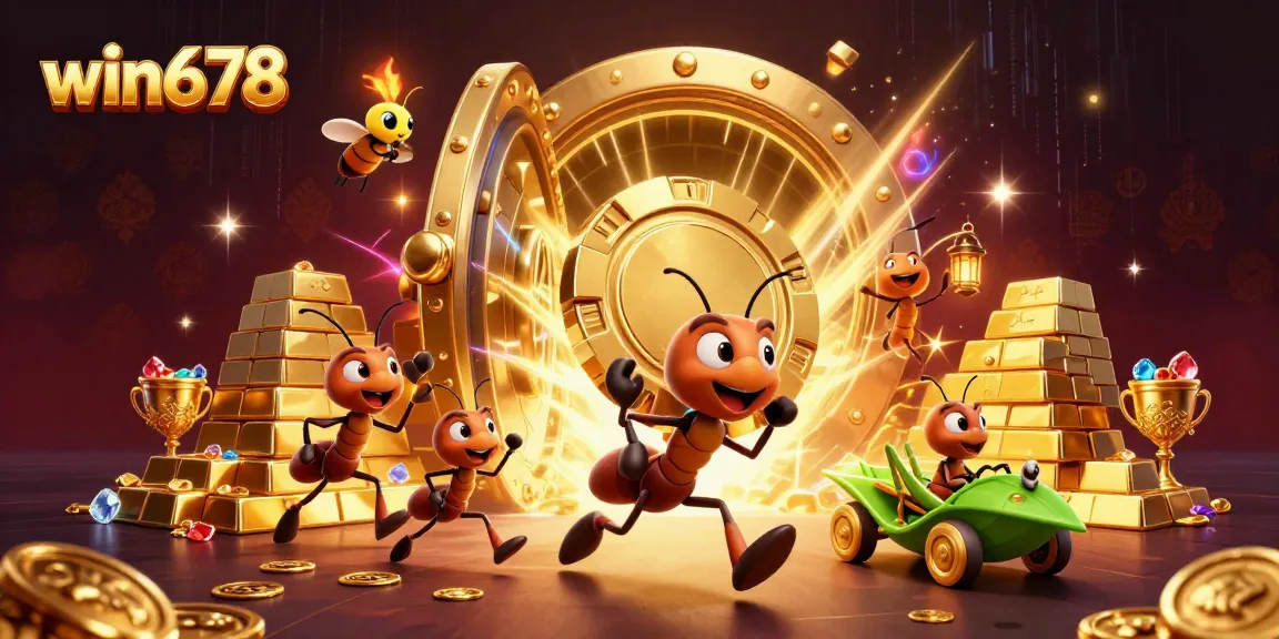 Win678 team of ants winning big in a casino heist with golden poker chip and treasures.