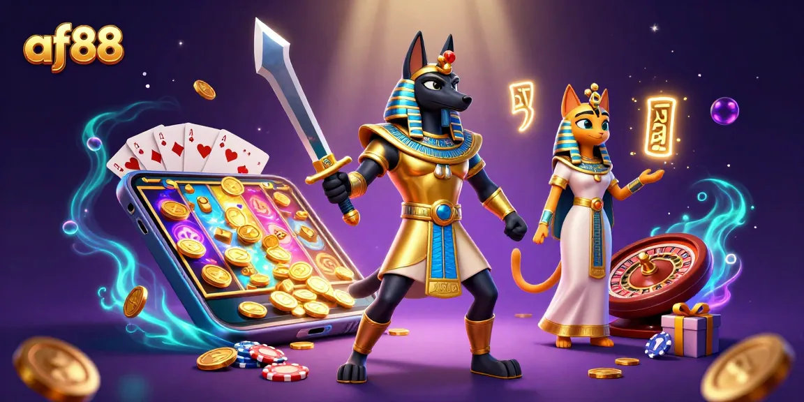 Spin the reels at af88's captivating casino with ancient Egyptian warriors amidst glowing treasures.