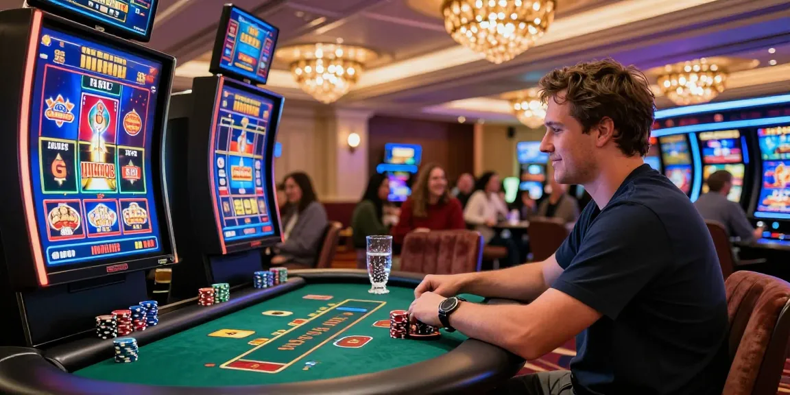 Excited player enjoying credit card casinos with live dealer at modern table and vibrant gaming screens.
