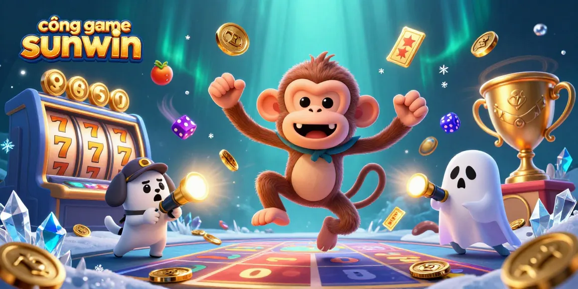 Experience exciting gameplay at cổng game sunwin with a mischievous monkey and curious puppy in a vibrant casino.